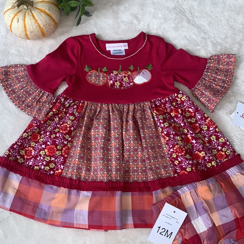 NWT Bonnie Baby Pink Pumpkin Appliqué Dress 12M Three Quarter Sleeve - Picture 3 of 13